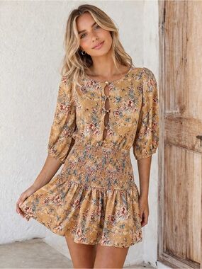 Sabo Skirt Sierra Floral Mini Dress XS Smocked Puff Sleeve Cottagecore Boho
